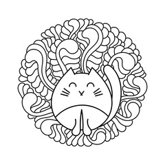 Cute cat coloring book page and floral elements . Doodle art. Anti-stress for adults and children with a floral background for relaxation.