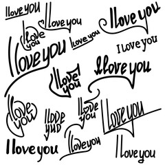 I love you, Set of handwritten phrases with various decorative elements and curls, lettering about feelings and love