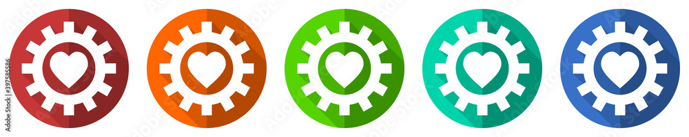Poster heart in cogwheel vector icon set, red, blue, green and orange flat design web buttons isolated on w