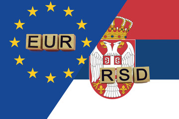 United Europe and Serbia currencies codes on national flags background