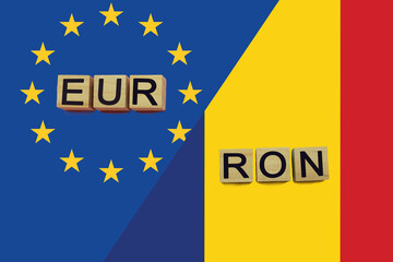 United Europe and Romania currencies codes on national flags background