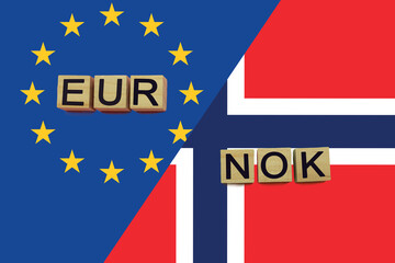 United Europe and Norway currencies codes on national flags background