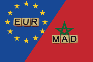 United Europe and Morocco currencies codes on national flags background