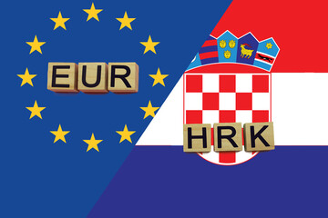 United Europe and Croatia currencies codes on national flags background