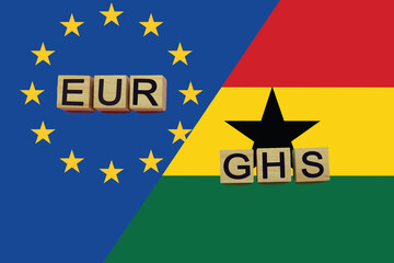 United Europe and Ghana currencies codes on national flags background
