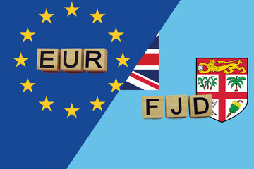 United Europe and Fiji currencies codes on national flags background