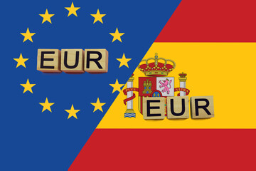 United Europe and Spain currencies codes on national flags background