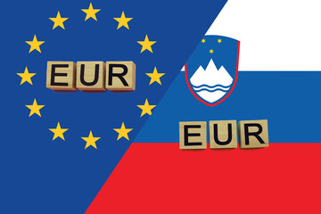 United Europe and Slovenia currencies codes on national flags background