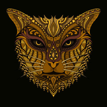 Stylized tiger in ethnic vector dark background
