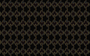 Geometric black background with abstract figures with golden lines with a pattern of symbols of the card suit - clubs, tambourines, spades, hearts. Vector graphics for design, wallpaper, borders, orna