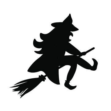 Witch silhouette, flying on the broom stick. Old ugly female with big nose is sitting on the broom. Flat hand drawn character for Halloween, fantasy, witchcraft, befana day. Vector isolated on white