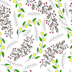 Berries and branches on a white background. Vector seamless pattern. Design for card, print, wrapping,