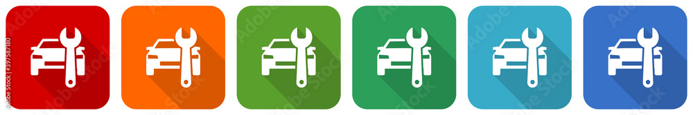 Fototapete Auto service vector icon set, flat design vector illustration in 6 colors options for webdesign and mobile applications