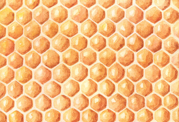 Watercolor background with honeycombs. Hand drawn pattern.