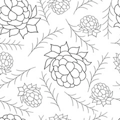 Monochrome vector seamless pattern. Outlines berries and twigs on a white background. 