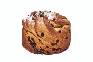 Christmas panettone with raisins, sprinkled with powdered sugar. Craffin isolated on white background.