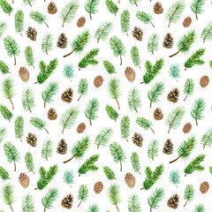 Watercolor christmas green spruce, pine and fir branches, pine cones seamless pattern. Winter floral pattern on white background