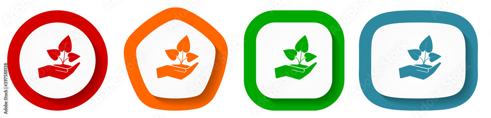 Poster plant care hand vector icon set, flat design vector illustration in 4 colors options for webdesign a
