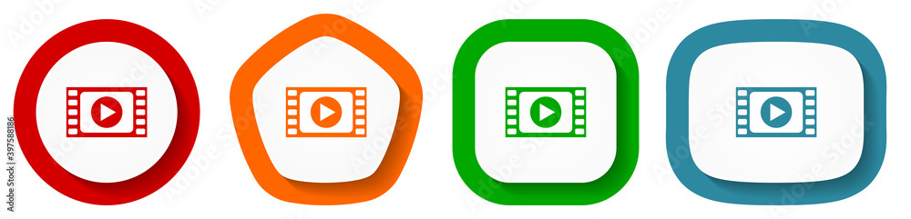 Poster Video vector icon set, flat design vector illustration in 4 colors options for webdesign and mobile applications