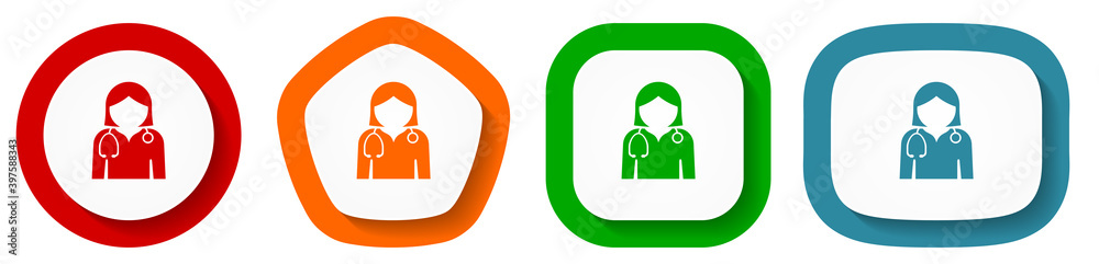 Poster doctor vector icon set, nurse flat design vector illustration in 4 colors options for webdesign and 