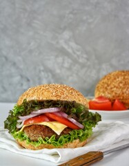 Tasty cheeseburger with lettuce, tomatoes, red onions on a white background.