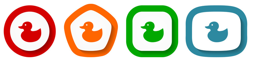 Duck toy, bird vector icon set, flat design vector illustration in 4 colors options for webdesign and mobile applications