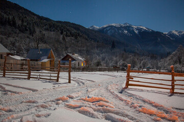 Winter night photography camping in the mountains and Western Caucasus.