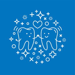 Lovely teeth with smiles. Dental care logo. Vector outline illustration.
