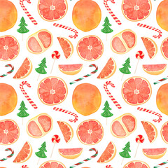Hand drawn watercolor seamless pattern with citrus fruits and Christmas candies on a white background. Christmas print with oranges and lollipops.

