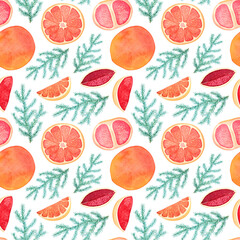Watercolor seamless pattern with oranges and fir branches on a white background.
