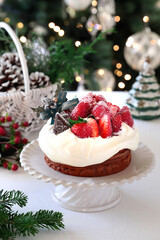 Christmas chocolate cake decorated fresh strawberries and whipped cream.　クリスマスケーキ　いちごのチョコレートケーキ