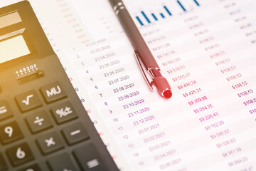 Fototapeta premium Accounting. Calculator, pen and documents with numbers at the workplace. Calculation of taxes.