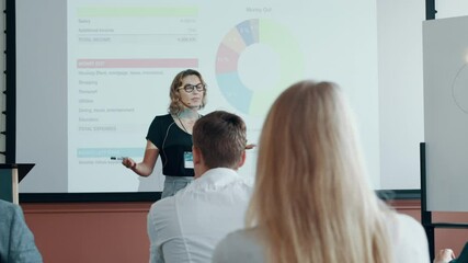 Businesswoman giving presentation at a conference with audience clapping. Female entrepreneur getting applause from attendees at a seminar.
 - Powered by Adobe