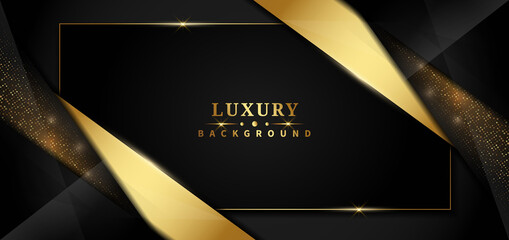Abstract template black geometric oblique with golden line layer decoration glitter dot on dark background. Luxury style.