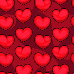 Red volumetric hearts on a non-uniform dark red background. Seamless texture