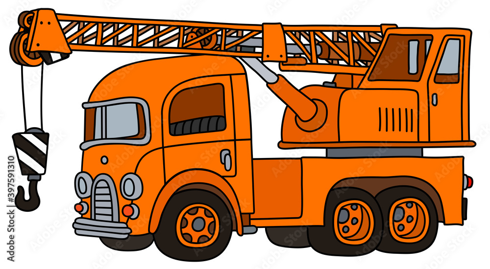 Wall mural the vectorized hand drawing of a funny retro orange truck crane