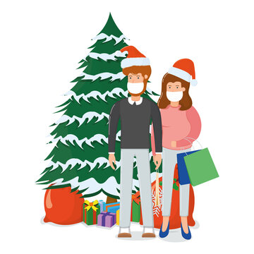 Lovely couple man woman character standing xmas fir tree with gift box, merry christmas souvenir bag cartoon vector illustration, isolated on white.