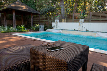 アジア風のプールサイドですごす休日　もしくはテレワーク　asian style pool with smartphone and glasses