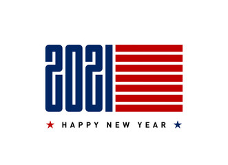 Happy New Year 2021. Flyer or poster with USA flag colors and symbols.