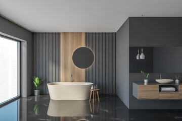 Modern gray and wooden bathroom interior