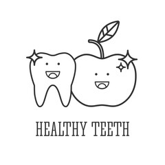 Dental care icon. Tooth icon. Vector outline illustration. Influence vegetables on tooth. Healthy teeth. Dental care logo. Vector outline illustration.