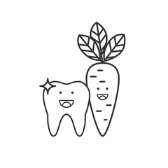 Dental care icon. Tooth icon. Vector outline illustration. Influence vegetables on tooth. Healthy teeth. Dental care logo. Vector outline illustration.