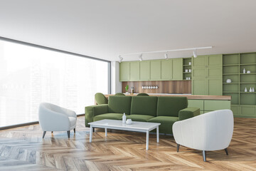 Green and wooden apartment with sofa and kitchen, furniture on wooden parquet