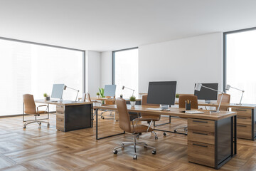 Office room with leather chairs and computers on table, white and wooden room