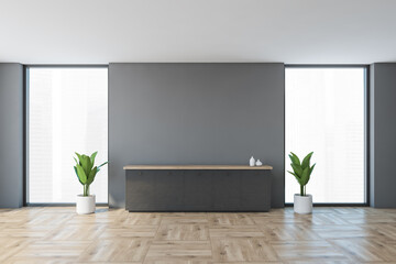 Grey office room with desk near wall, windows and plants in empty business room