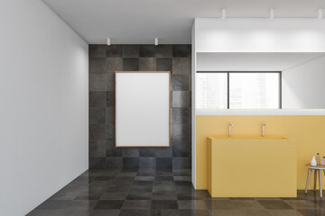 Mockup frame in white and grey tiled bathroom with yellow washbasin and mirror