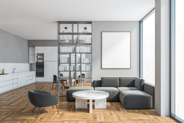 Fototapeta na wymiar Mockup frame in room with sofa and kitchen set, luxury apartment with window