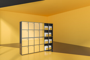 Yellow and grey office lockers in yellow and grey empty office room