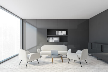 Minimalistic gray panoramic kitchen with table and sofa