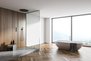 Fototapeta na wymiar White and wooden bathroom corner with tub and shower
